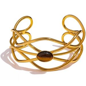 Elegant stainless steel Gold Cuff Bracelet with Brown Stone